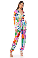 QUINN ABSTRACT PRINTED SATIN TIE FRONT BLOUSE