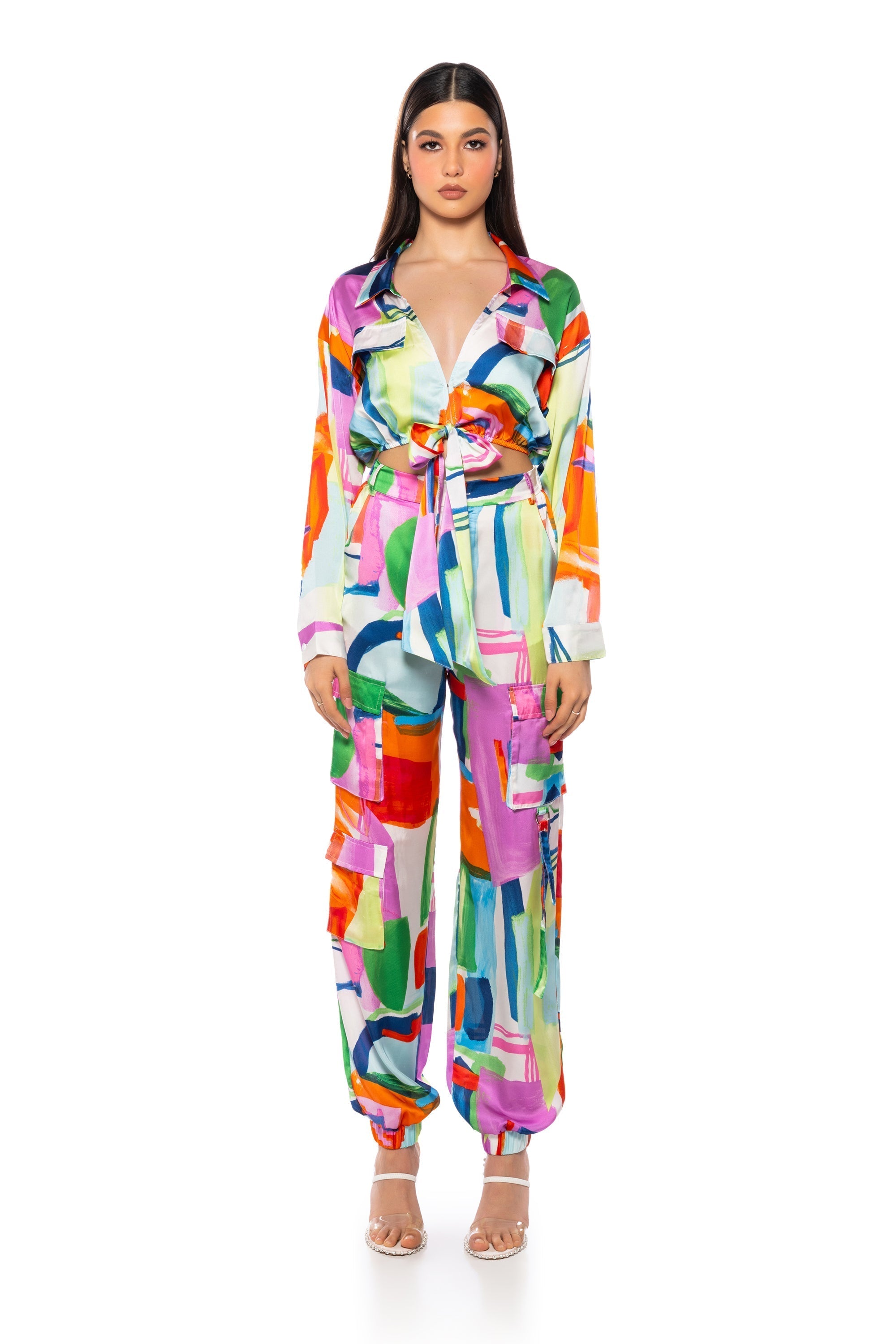 QUINN ABSTRACT PRINTED SATIN TIE FRONT BLOUSE
