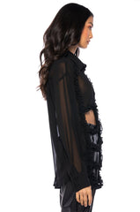QUINN CUTOUT TEXTURED BUTTON DOWN BLOUSE