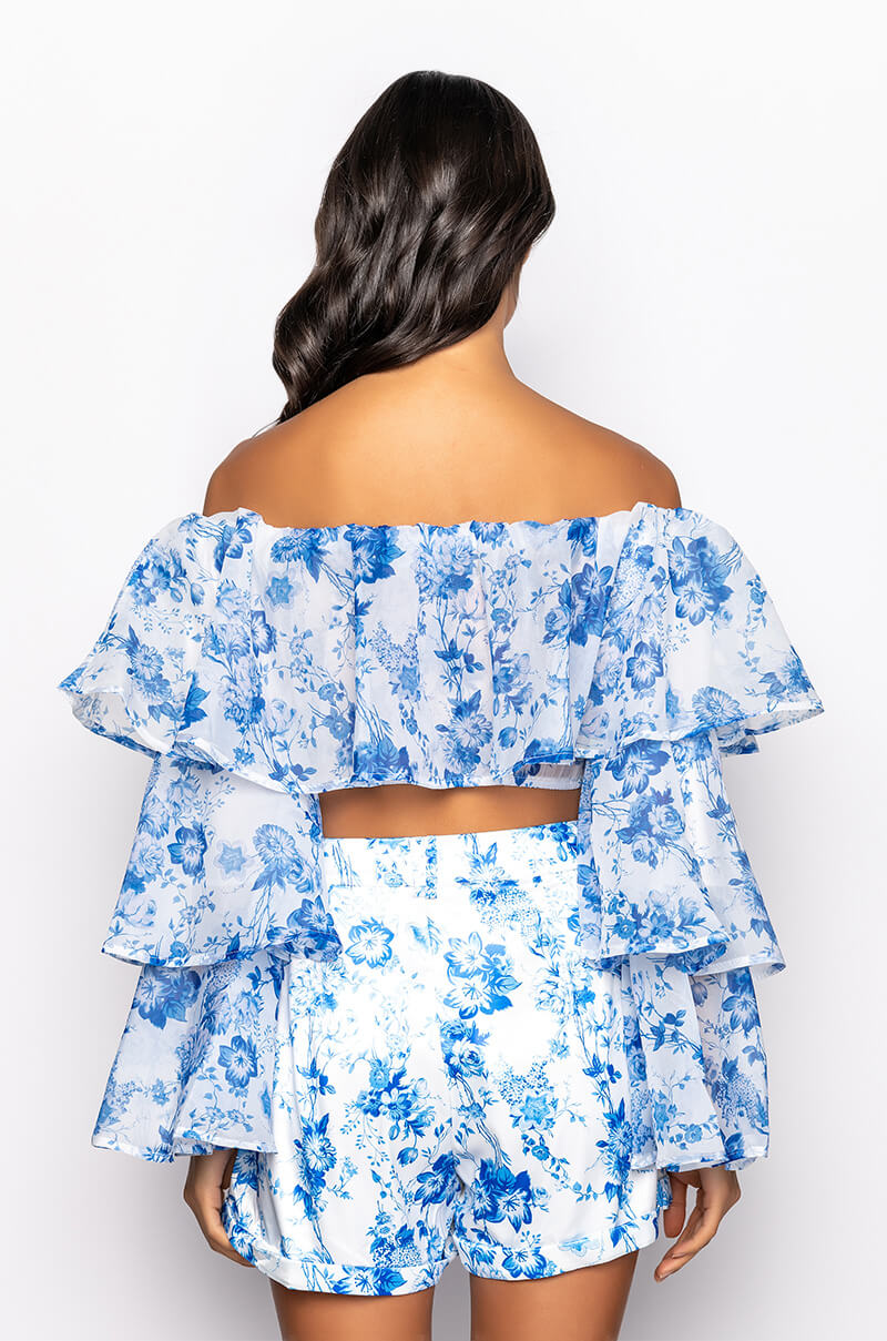 RAISE A GLASS RUFFLE SLEEVE CROPPED OFF THE SHOULDER BLOUSE