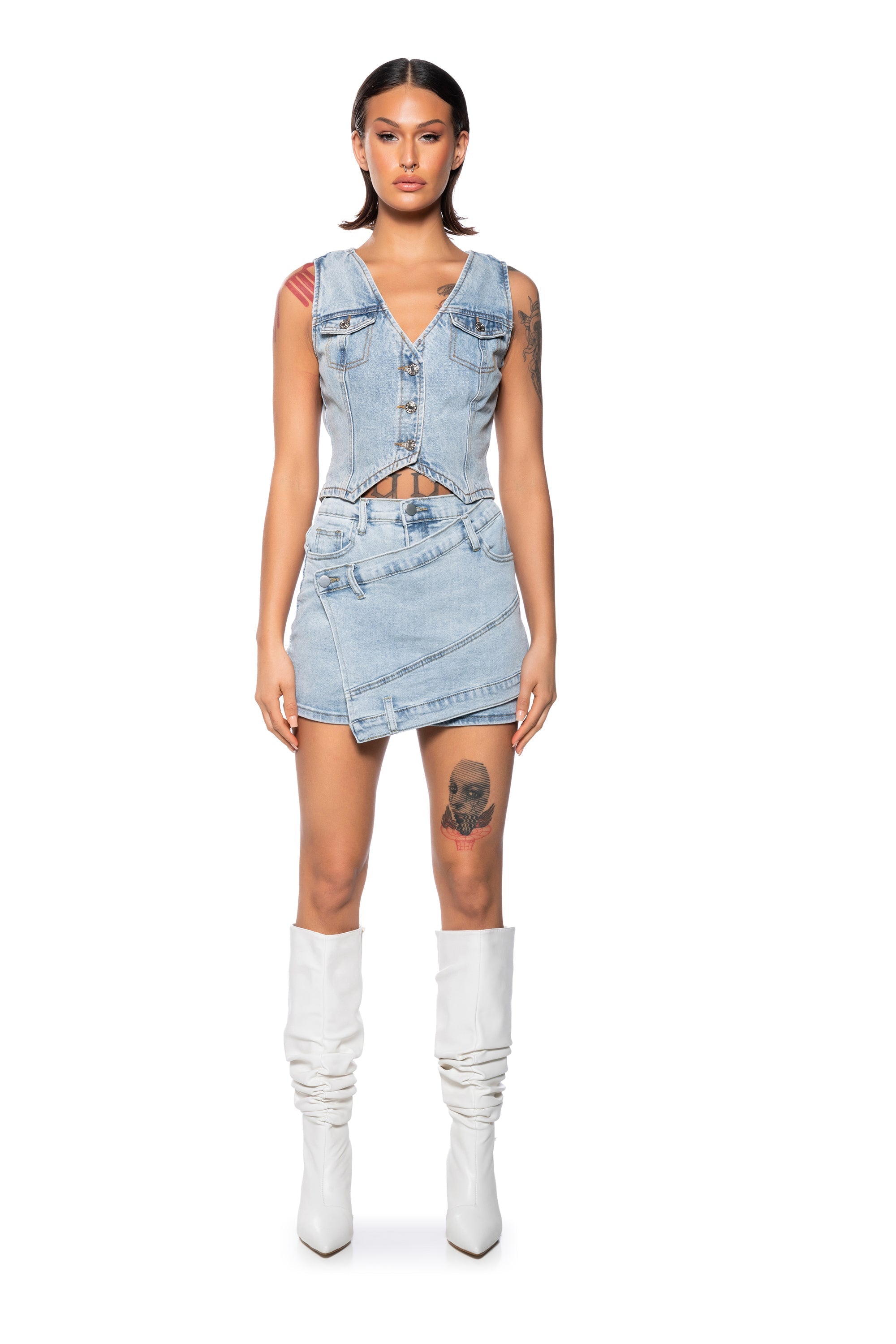 REAGAN ASYMMETRICAL DENIM MINI SKORT