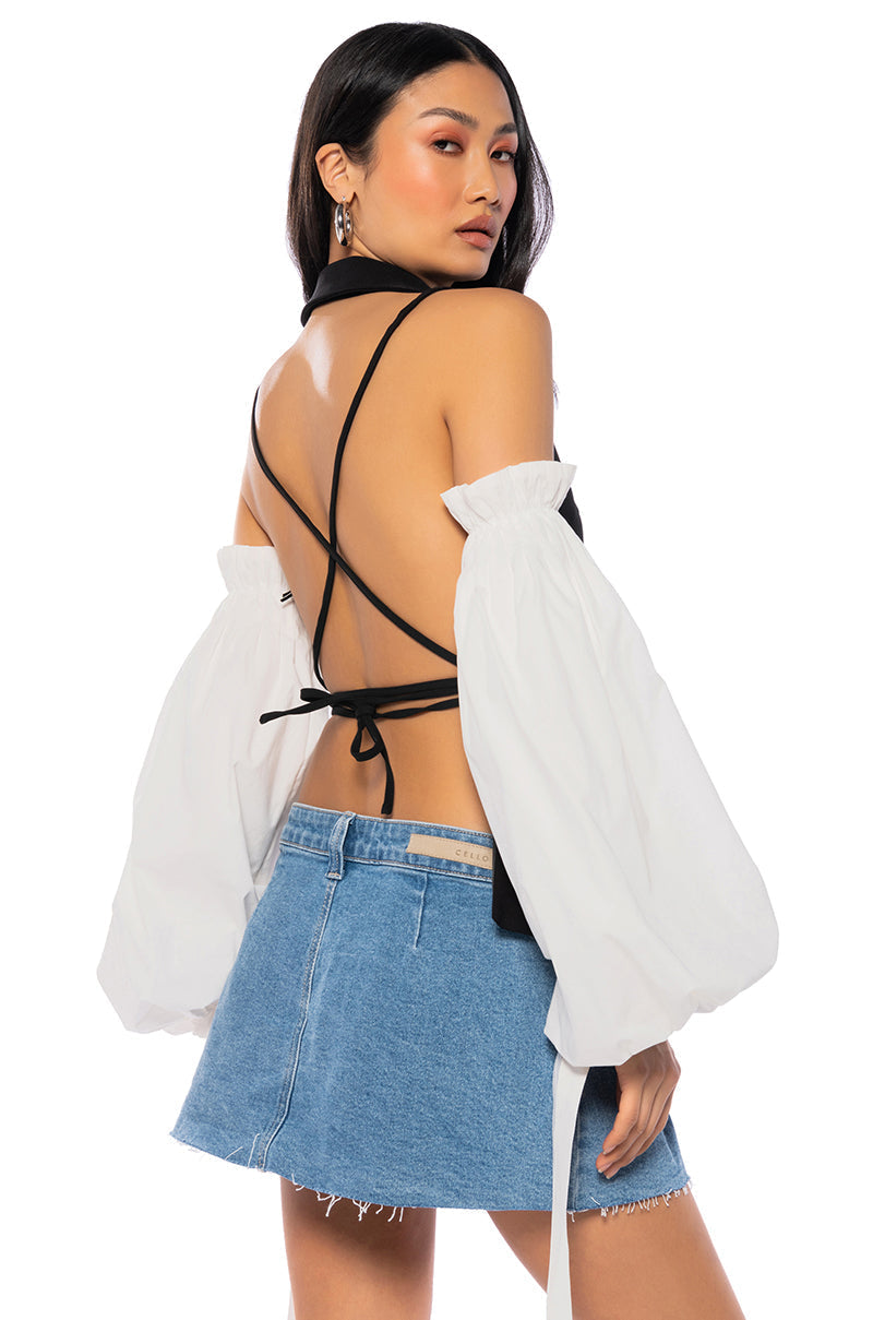 RENN GIRL OPEN BACK VEST WITH OFF SHOULDER PUFF SLEEVES
