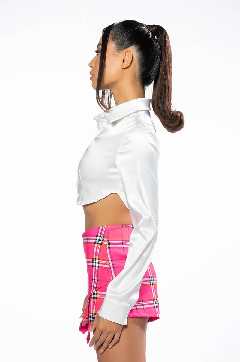 RESOLUTIONS CROPPED SATIN BUTTON DOWN