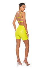 RIO FAUX LEATHER BIKER SHORT IN LIME GREEN