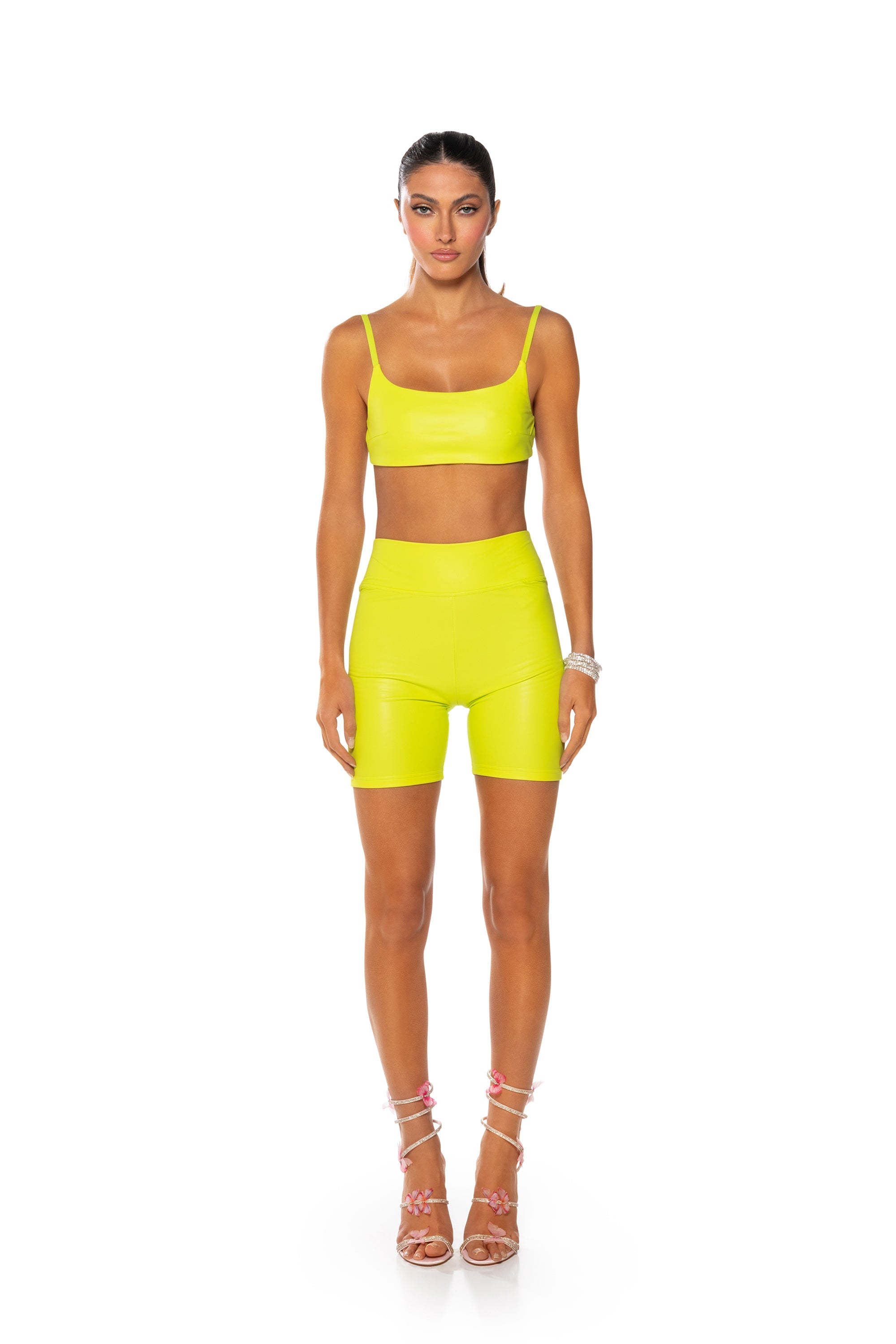 RIO FAUX LEATHER BIKER SHORT IN LIME GREEN