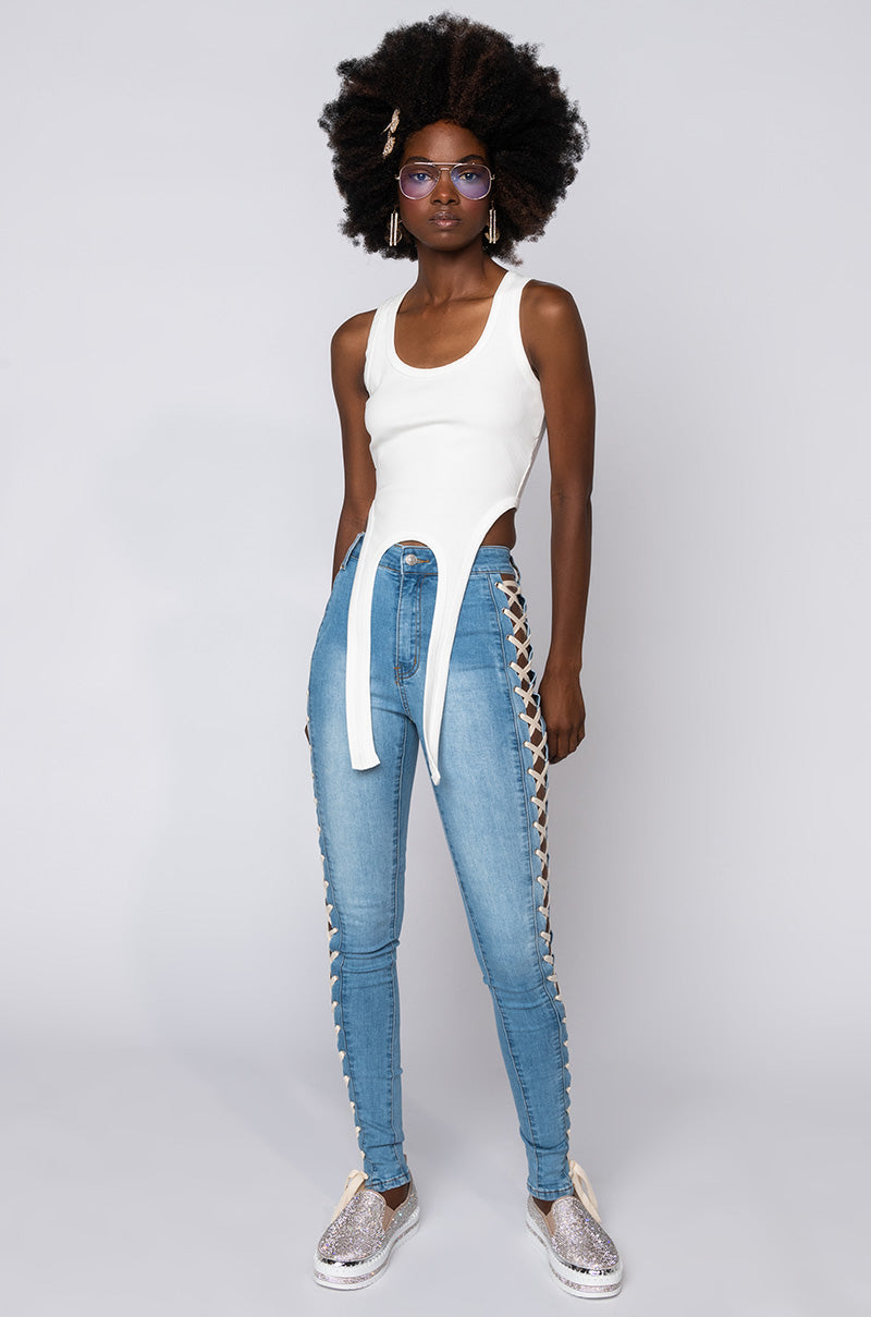 ROCK THE RUNWAY LACE UP SKINNY JEANS