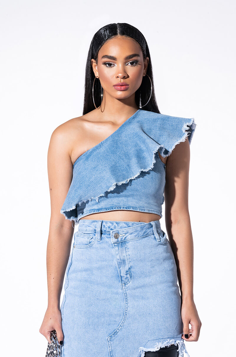 ROMANTIC WALKS CROPPED ONE SHOULDER DENIM BLOUSE