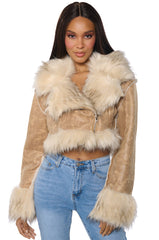ROWLAND DISTRESSED FAUX LEATHER MOTO WITH FUR COLLAR