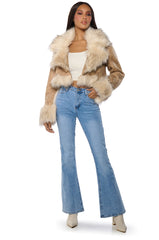 ROWLAND DISTRESSED FAUX LEATHER MOTO WITH FUR COLLAR