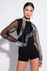 RUFFLE SOME FEATHERS ORGANZA RHINESTONE RUFFLE BLOUSE