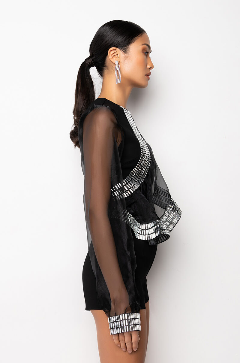RUFFLE SOME FEATHERS ORGANZA RHINESTONE RUFFLE BLOUSE