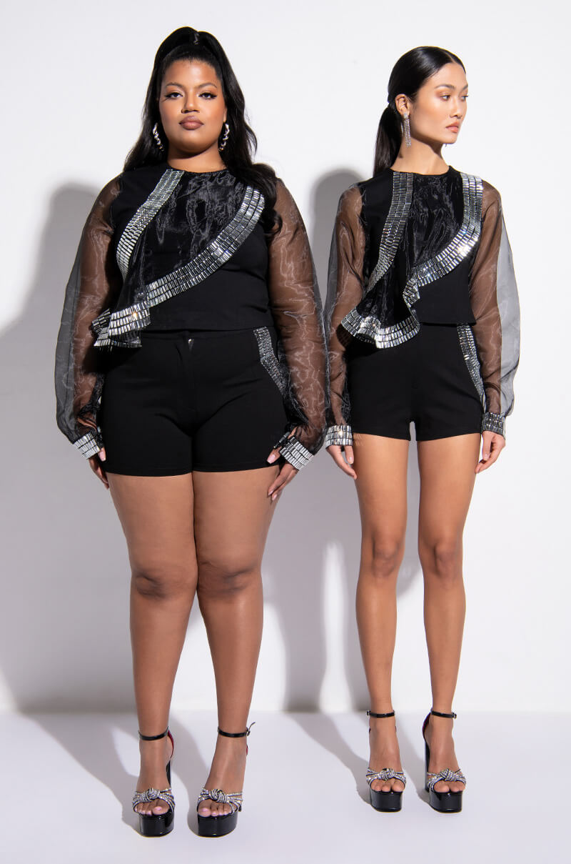 RUFFLE SOME FEATHERS ORGANZA RHINESTONE RUFFLE SHORTS