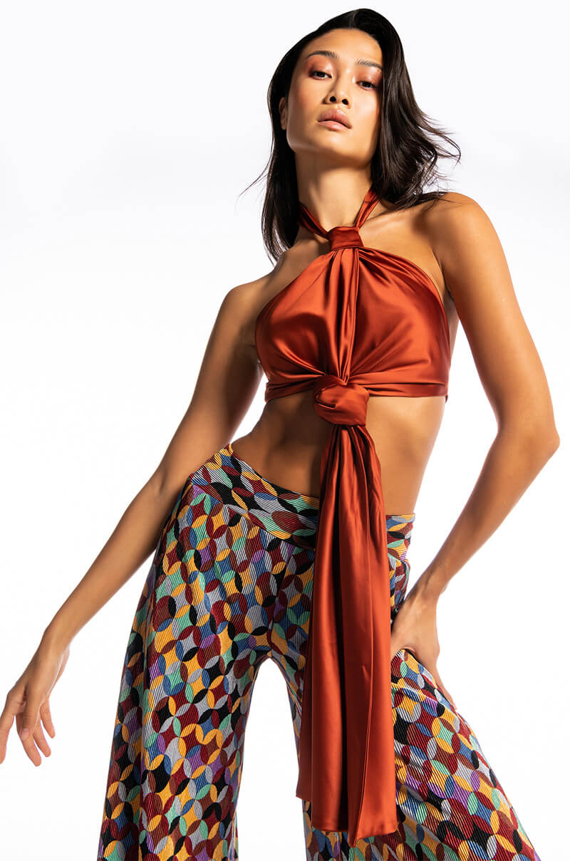 RULES DON'T APPLY SLEEVELESS CROPPED SATIN HALTER BLOUSE