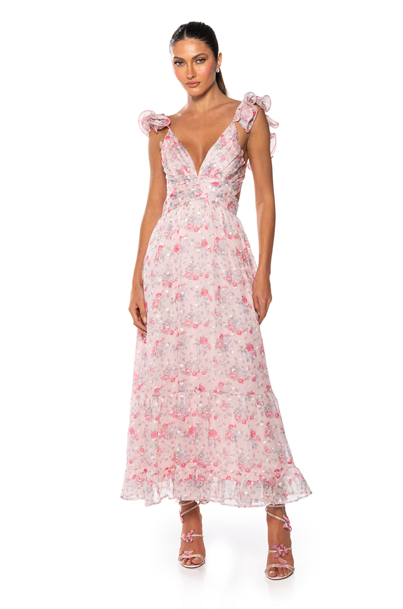 RUNAWAY RUFFLE FLORAL MAXI DRESS