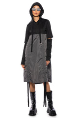 RUNNING AROUND CINCHED HOODIE DRESS IN BLACK