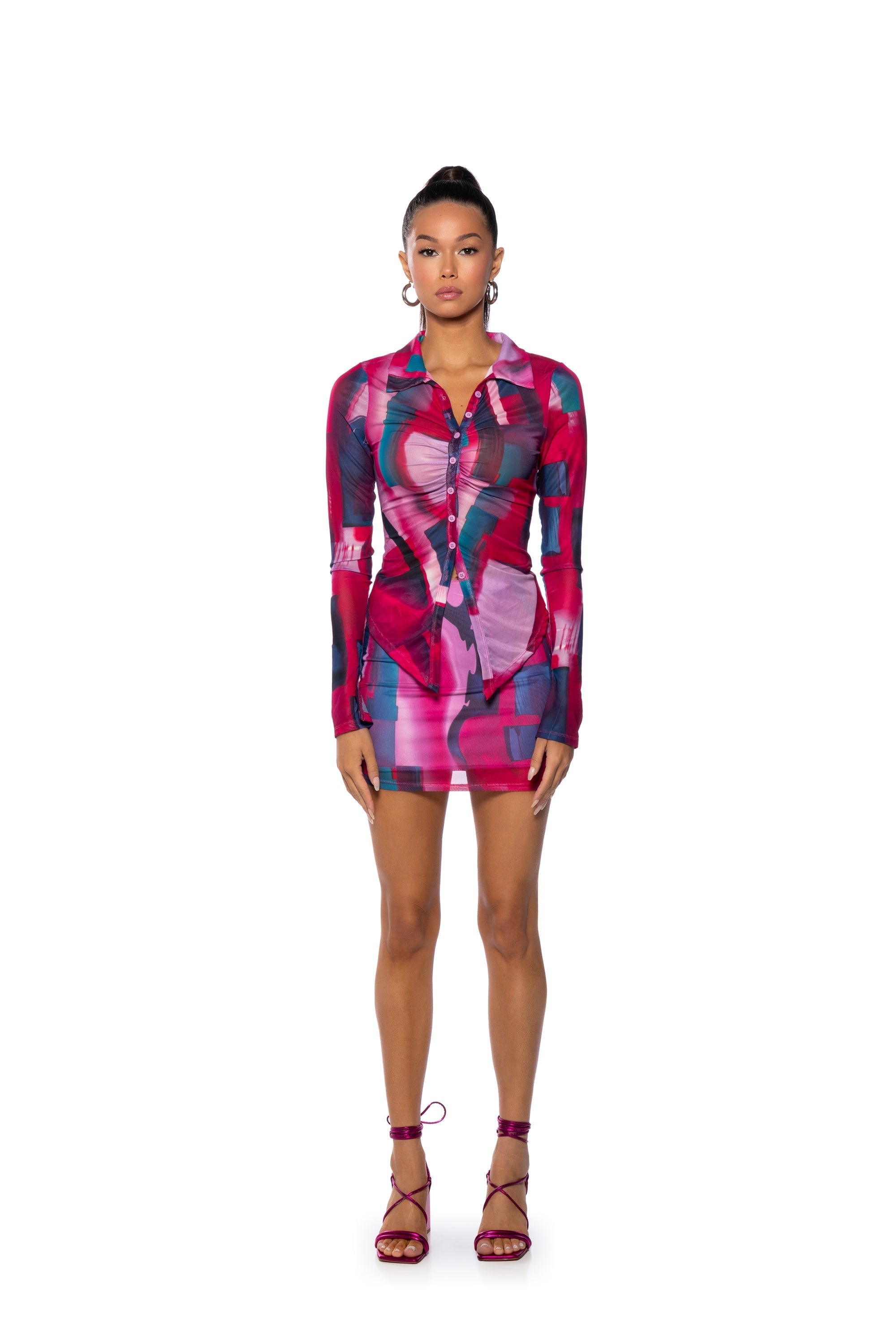 RYAN PRINTED MESH BUTTON DOWN BLOUSE