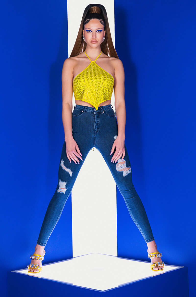 SATURDAZE RHINESTONE HALTER CROP TOP