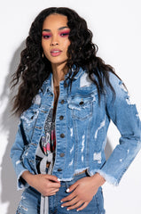 SAY MY NAME DISTRESSED CROPPED DENIM JACKET