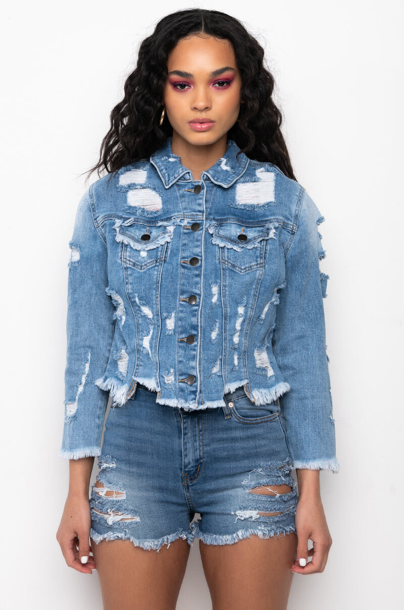 SAY MY NAME DISTRESSED CROPPED DENIM JACKET