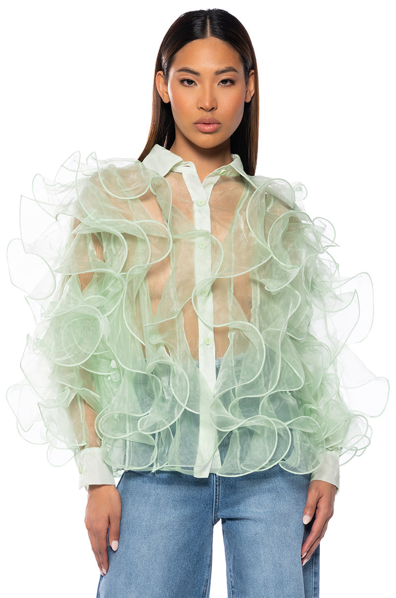 SEE THE GLOW RUFFLE SHEER BLOUSE IN GREEN