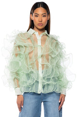 SEE THE GLOW RUFFLE SHEER BLOUSE IN GREEN