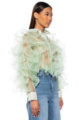 SEE THE GLOW RUFFLE SHEER BLOUSE IN GREEN