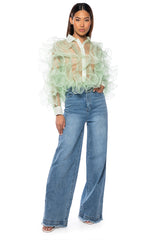 SEE THE GLOW RUFFLE SHEER BLOUSE IN GREEN