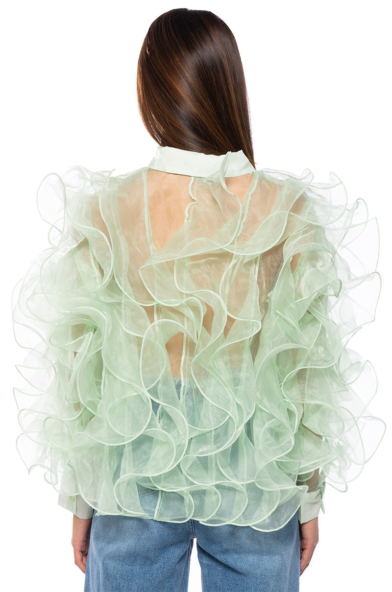 SEE THE GLOW RUFFLE SHEER BLOUSE IN GREEN