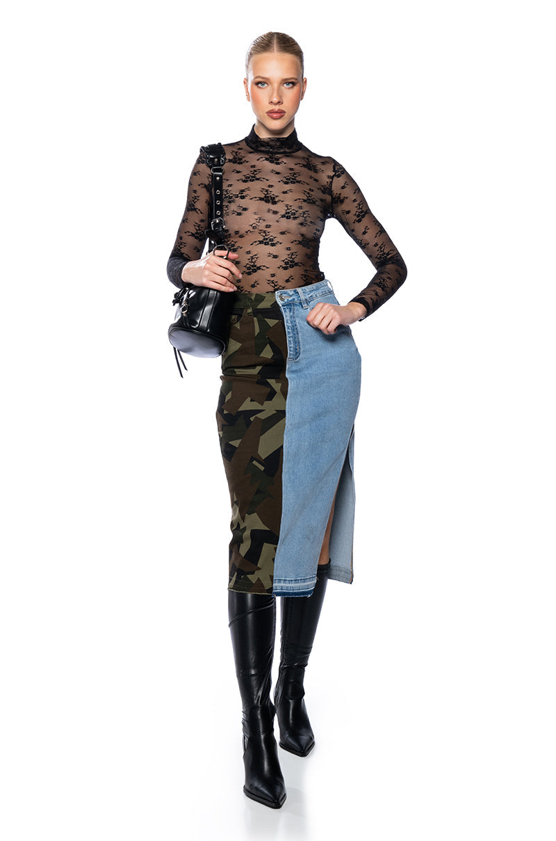 SEEING DOUBLE DENIM MIDI SKIRT