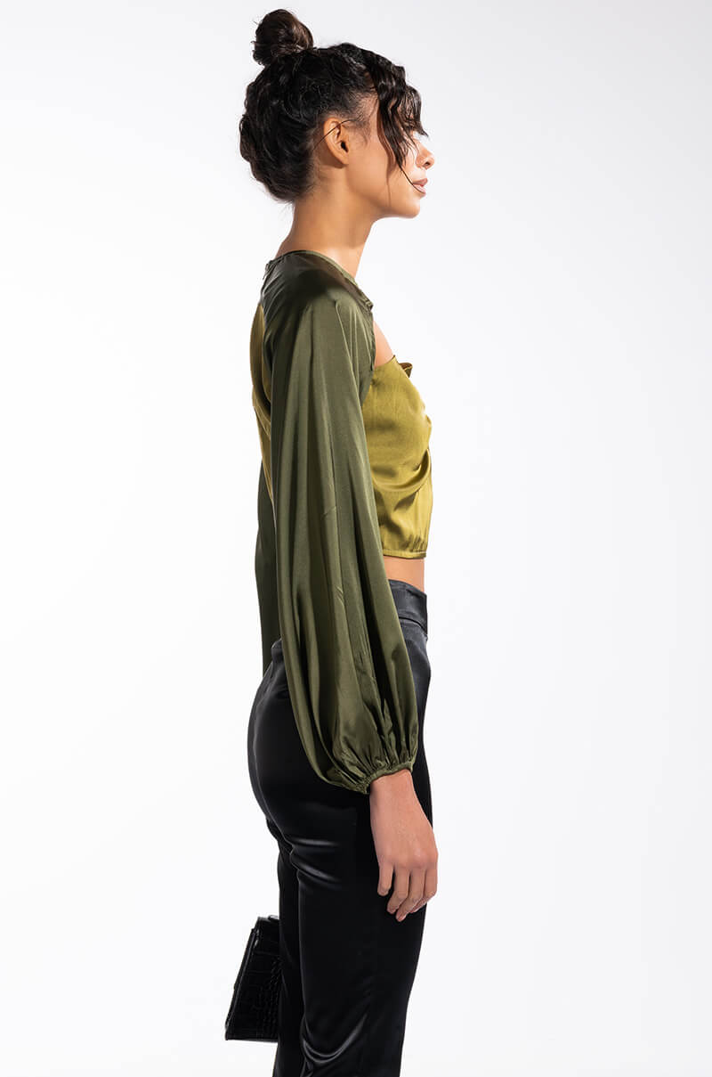 SEEING GREEN BLOUSON SLEEVE CUTOUT SATIN BLOUSE