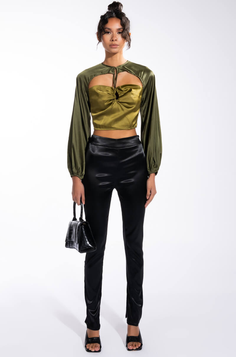 SEEING GREEN BLOUSON SLEEVE CUTOUT SATIN BLOUSE