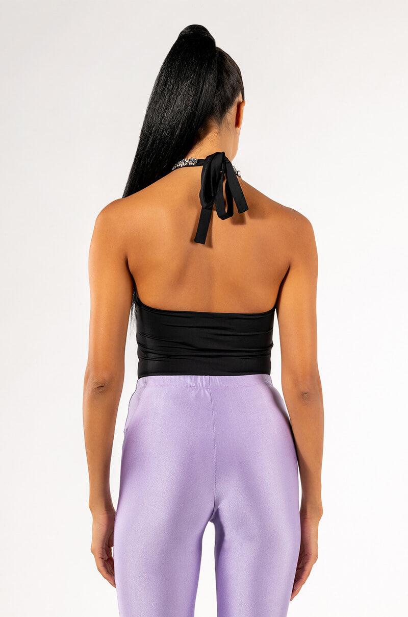 SENSATION RHINESTONE CUTOUT HALTER BODYSUIT