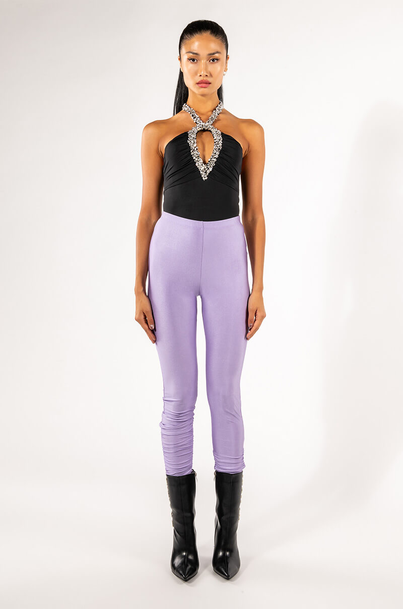 SENSATION RHINESTONE CUTOUT HALTER BODYSUIT