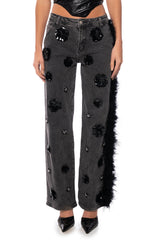 VELVET ROSES APPLIQUE FEATHERED JEANS
