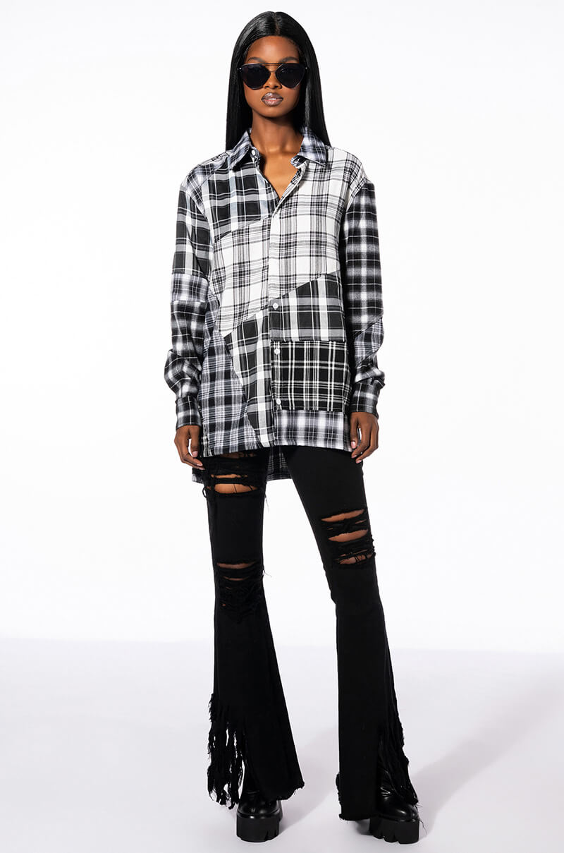 SERVING PLAID BUTTON DOWN BLOUSE