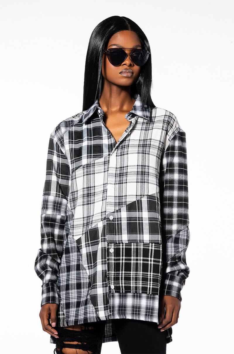 SERVING PLAID BUTTON DOWN BLOUSE