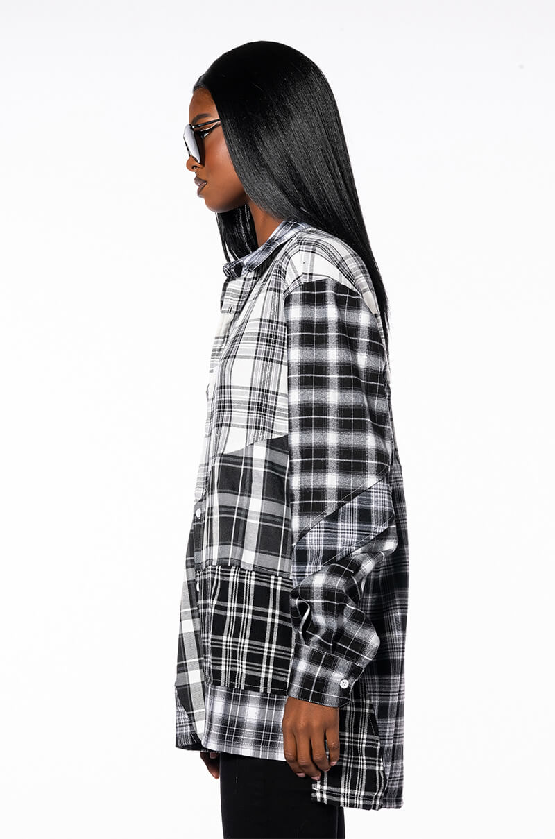 SERVING PLAID BUTTON DOWN BLOUSE