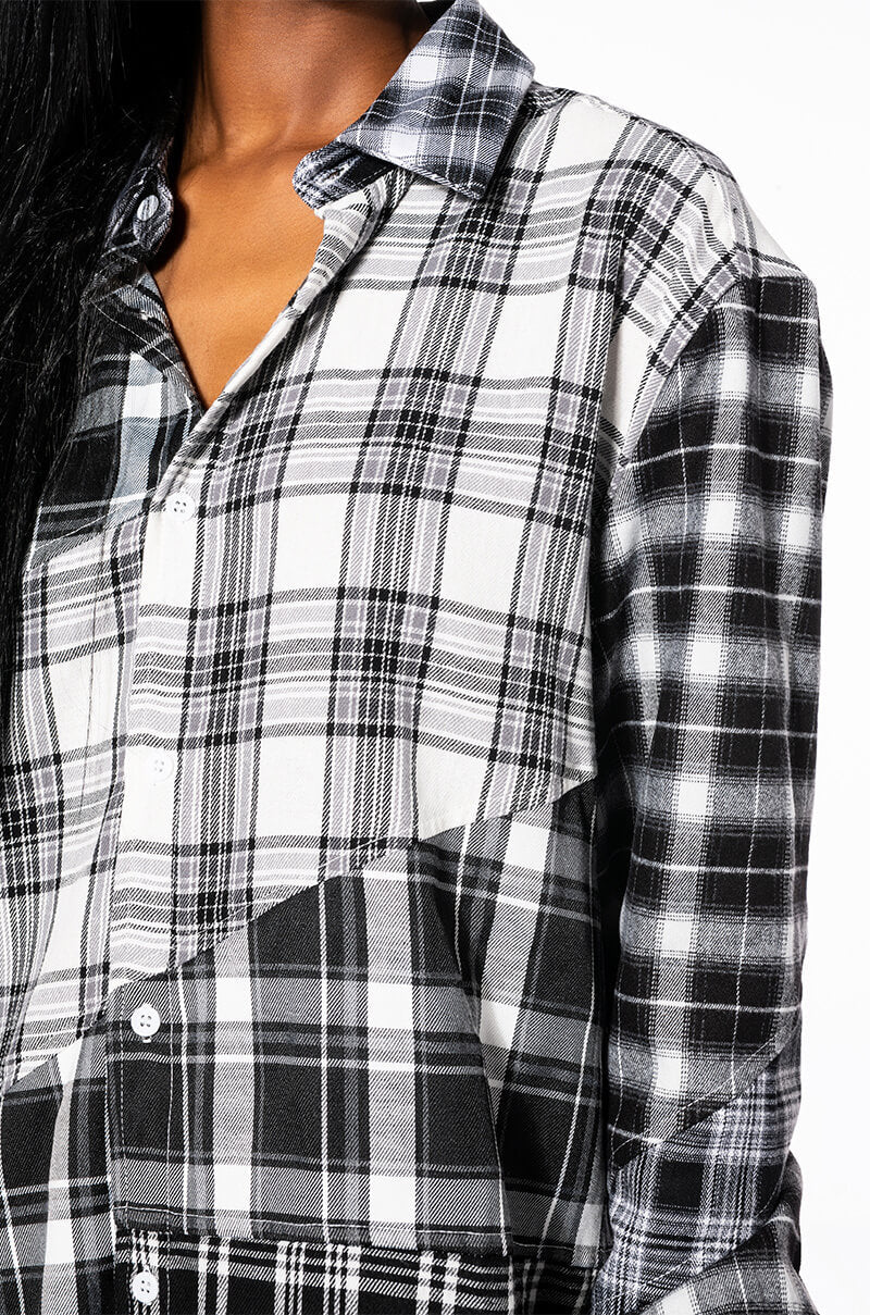 SERVING PLAID BUTTON DOWN BLOUSE