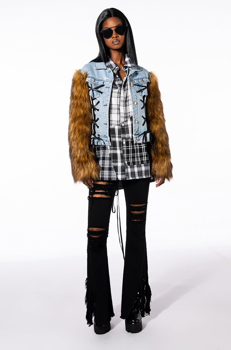 SERVING PLAID BUTTON DOWN BLOUSE