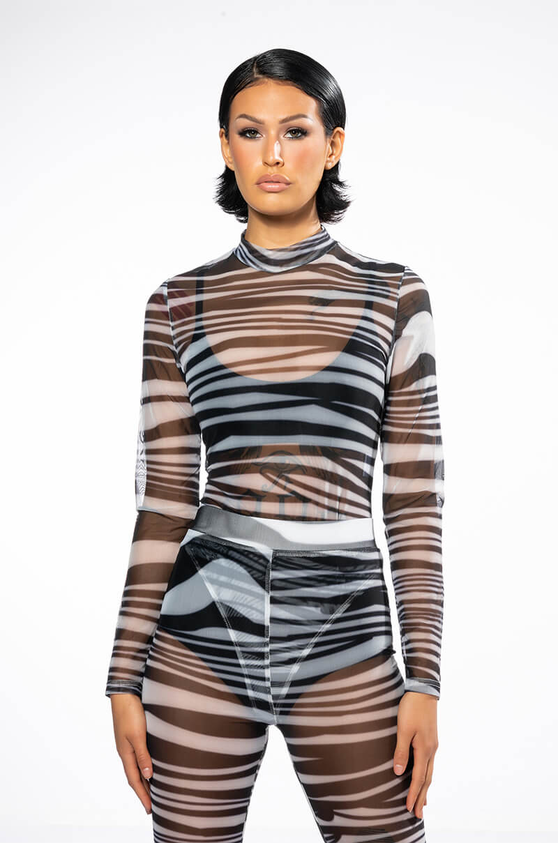 SET YOU STRAIGHT LONG SLEEVE MOCK NECK MESH BODYSUIT