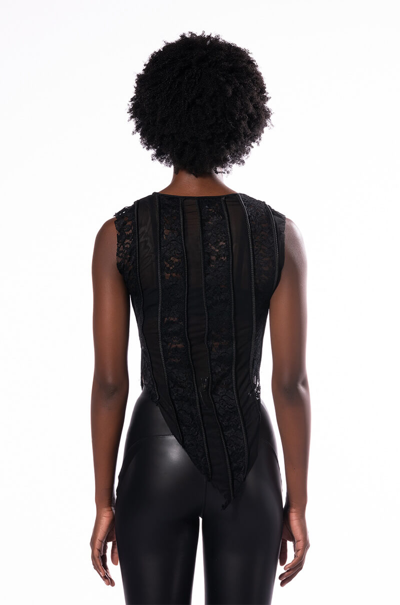 SEXY LACE PANEL SLEEVELESS MESH BLOUSE