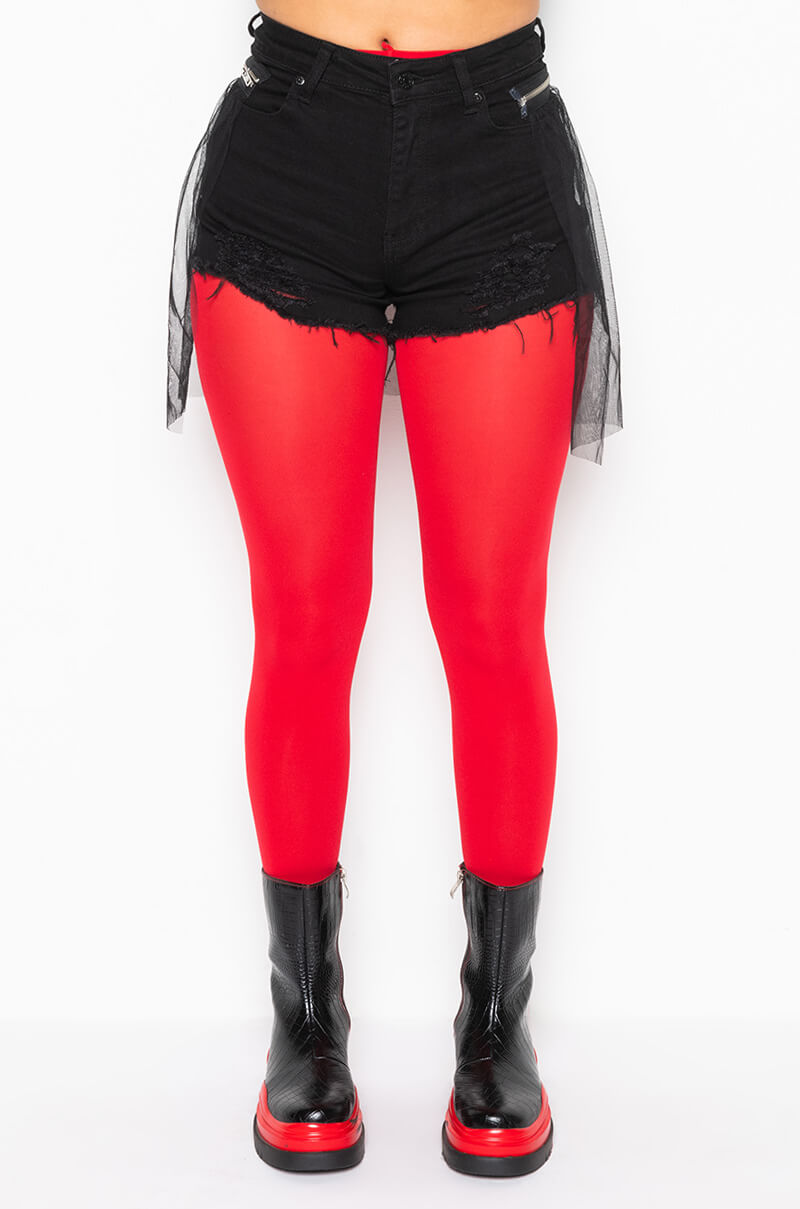 SHADOW TULLE DETAIL ZIPPER DENIM SHORTS