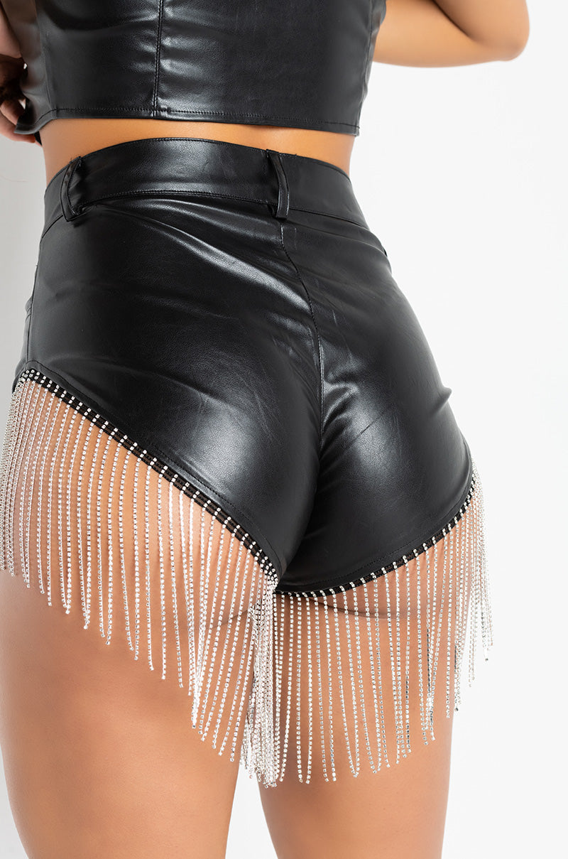 SHAKE A TAIL FEATHER RHINESTONE FRINGE SHORTS