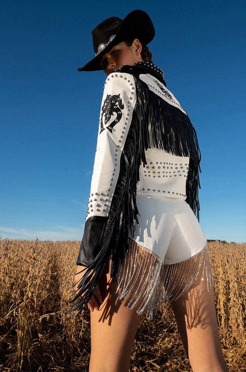 SHAKE A TAIL FEATHER RHINESTONE FRINGE SHORTS