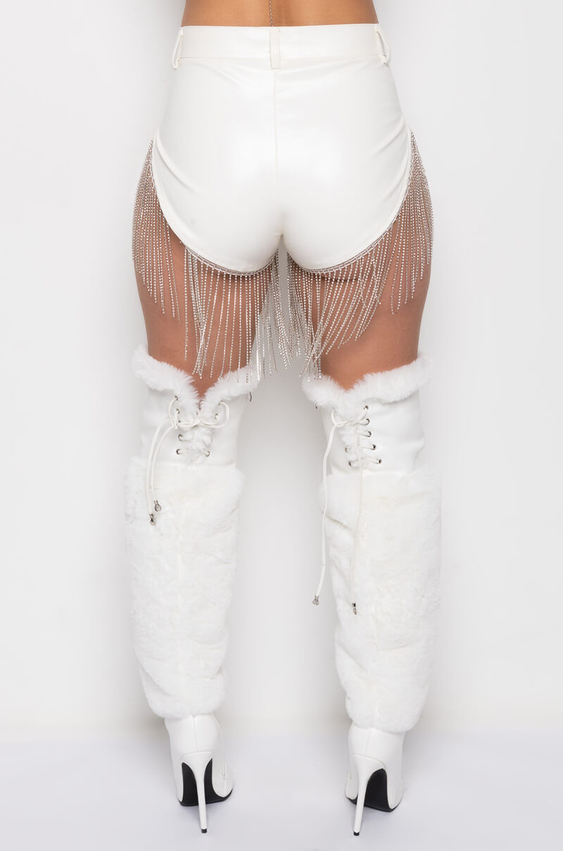 SHAKE A TAIL FEATHER RHINESTONE FRINGE SHORTS
