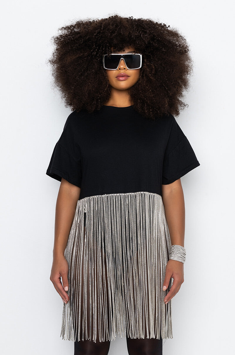 SHAKE IT OFF T SHIRT WITH RHINESTONE FRINGE
