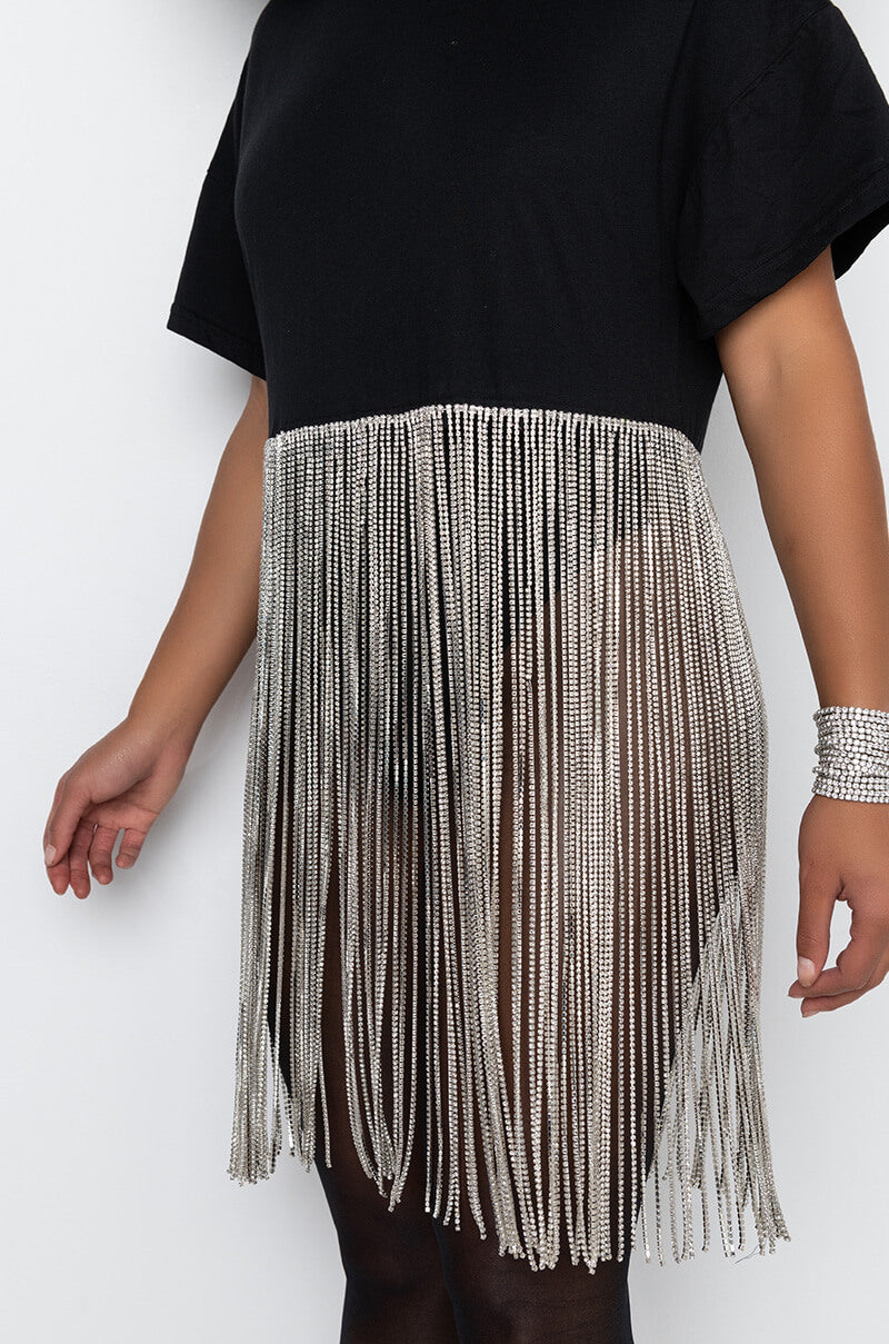 SHAKE IT OFF T SHIRT WITH RHINESTONE FRINGE
