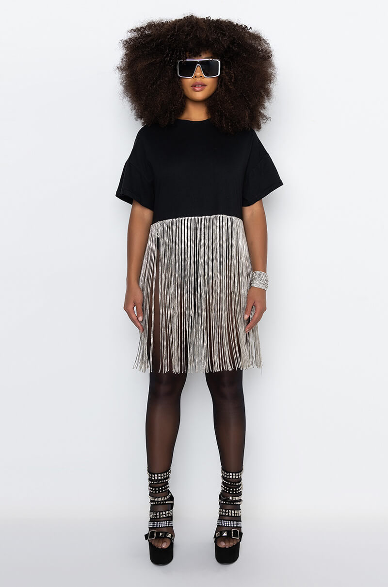 SHAKE IT OFF T SHIRT WITH RHINESTONE FRINGE