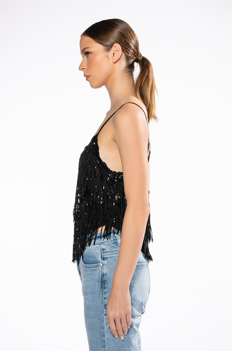SHAKE IT METALLIC FRINGE TANK TOP