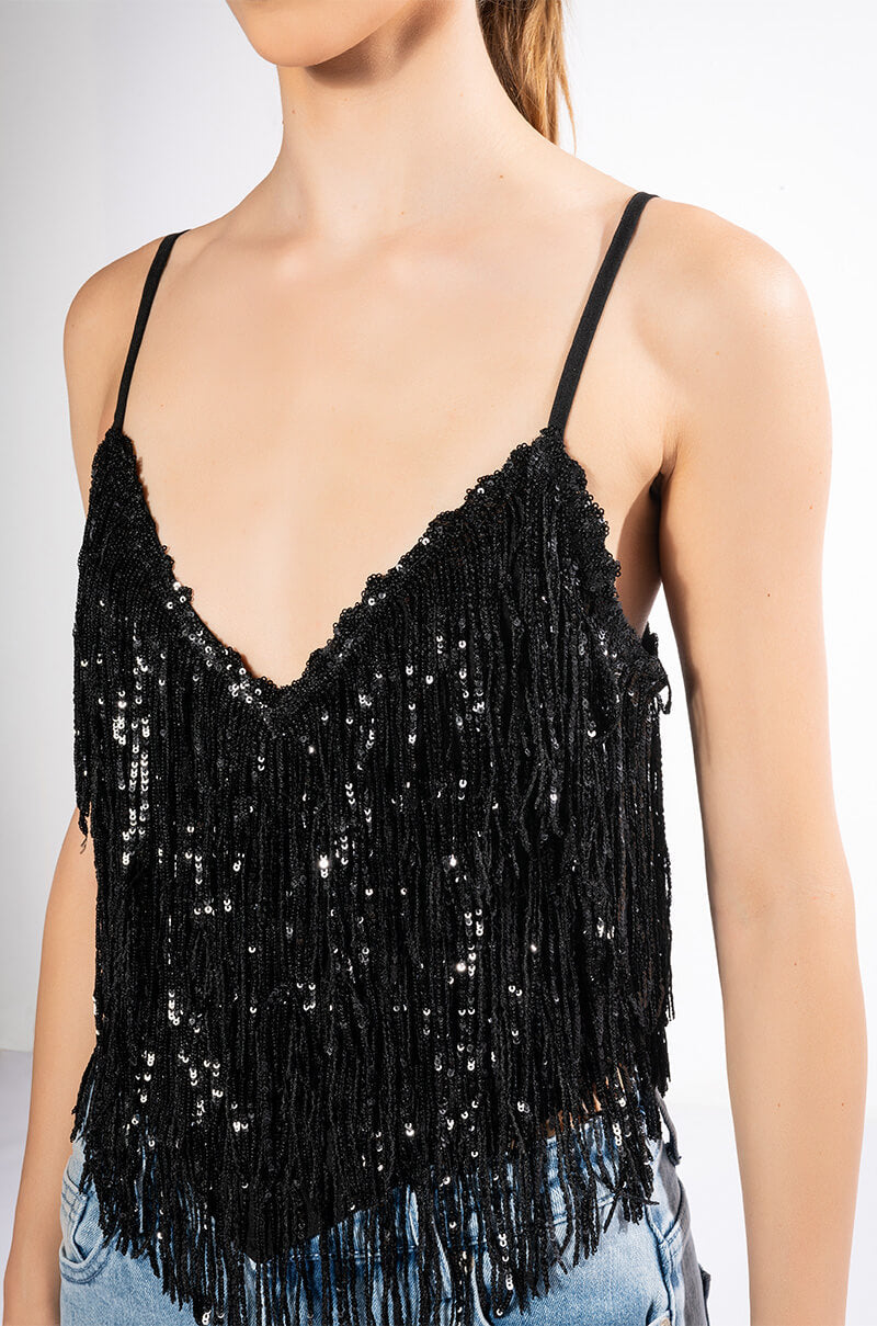 SHAKE IT METALLIC FRINGE TANK TOP